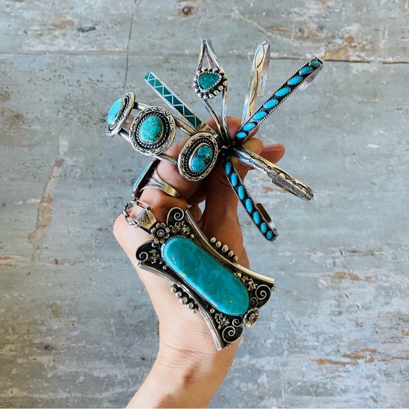 ♥️ Native American ♥️ Vintage Sterling Silver & Turquoise Stacker Cuff - Picture 13 of 16